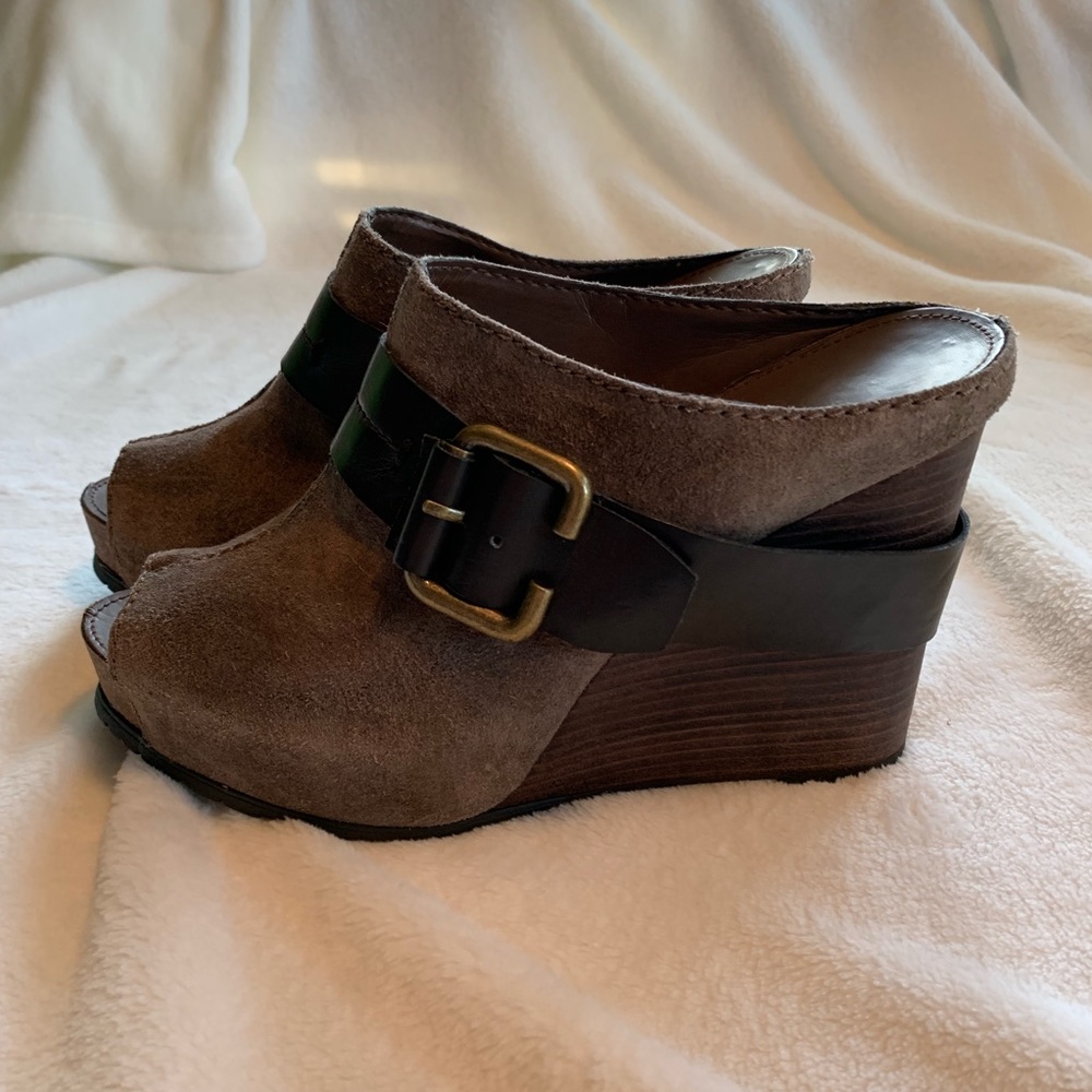 Brown Suede Wedge Mules with Black Strap